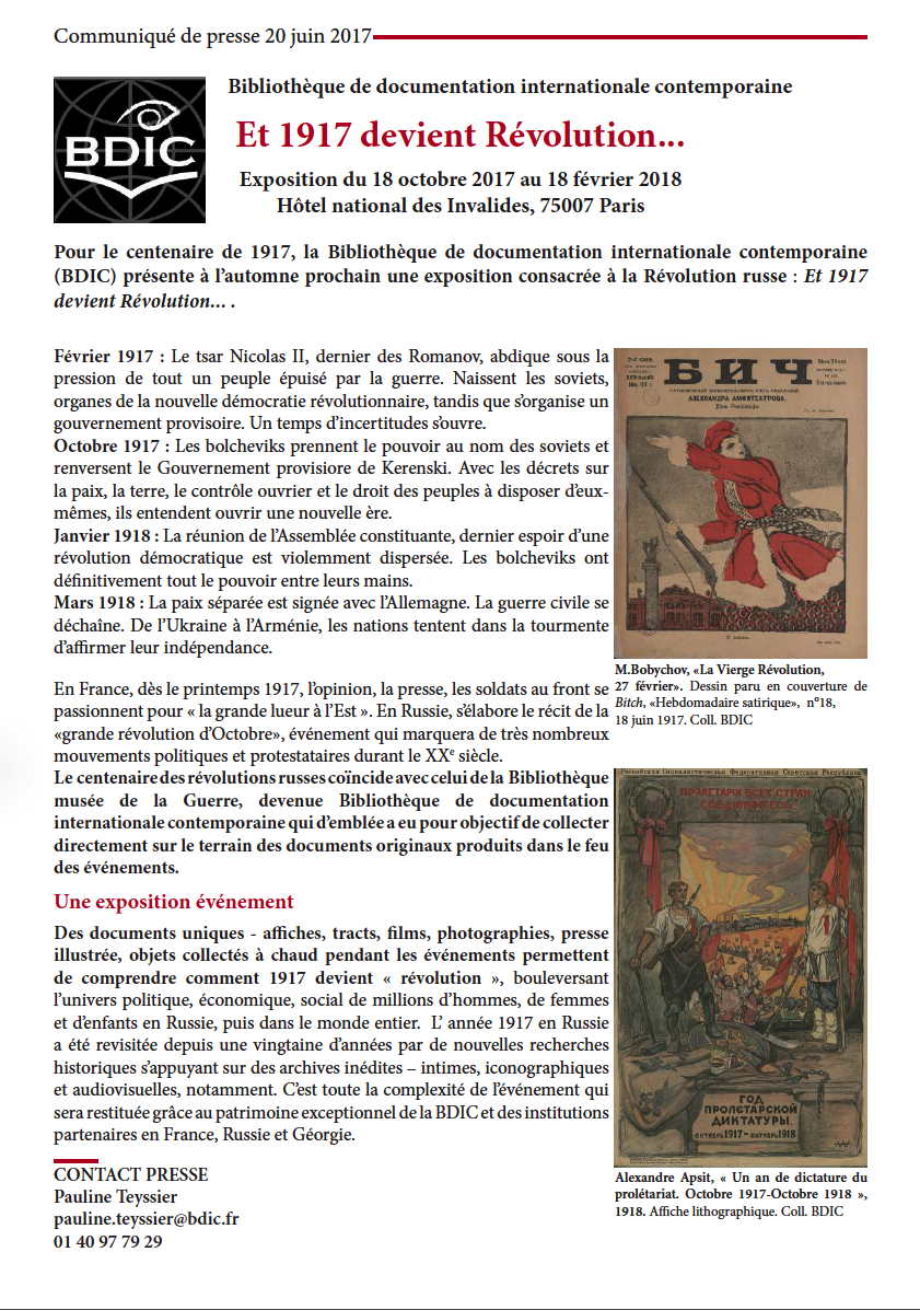 Communiqué de presse. Exposition BDIC - Bibliothèque de documentation internationale contemporaine. 2017-10-18